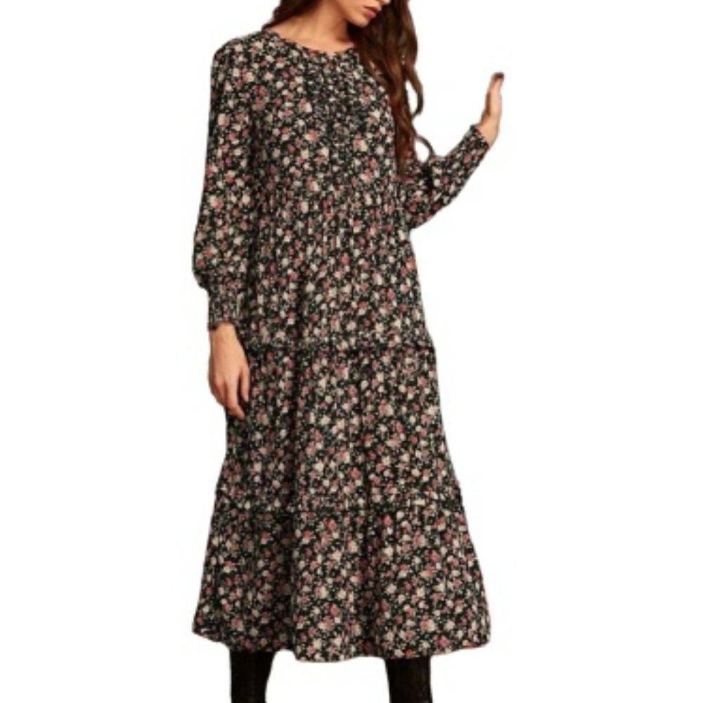 Floral Tiered Midi Dress Ruffle Front + Trim
